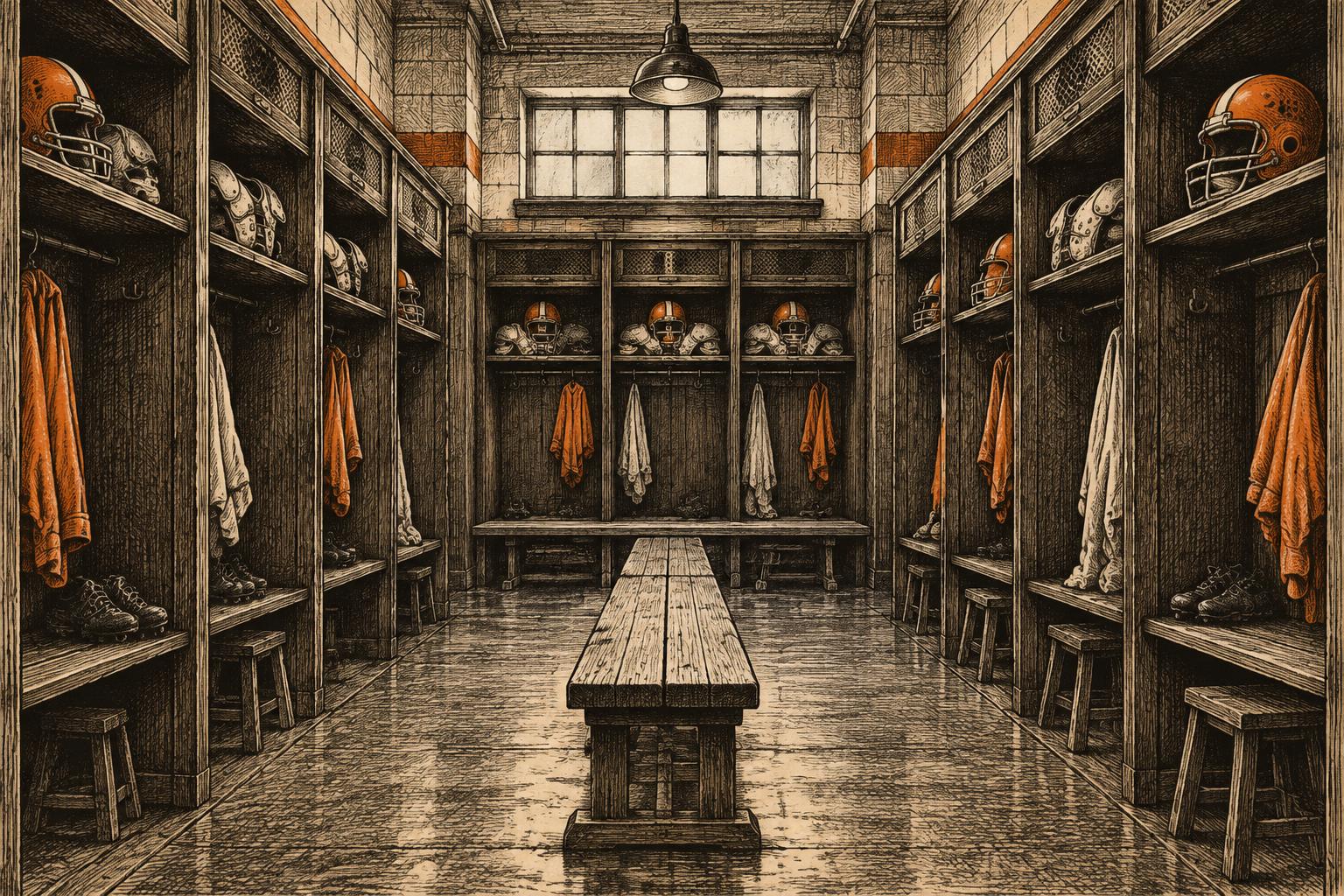 Original ink drawing of an empty football locker room with benches and equipment